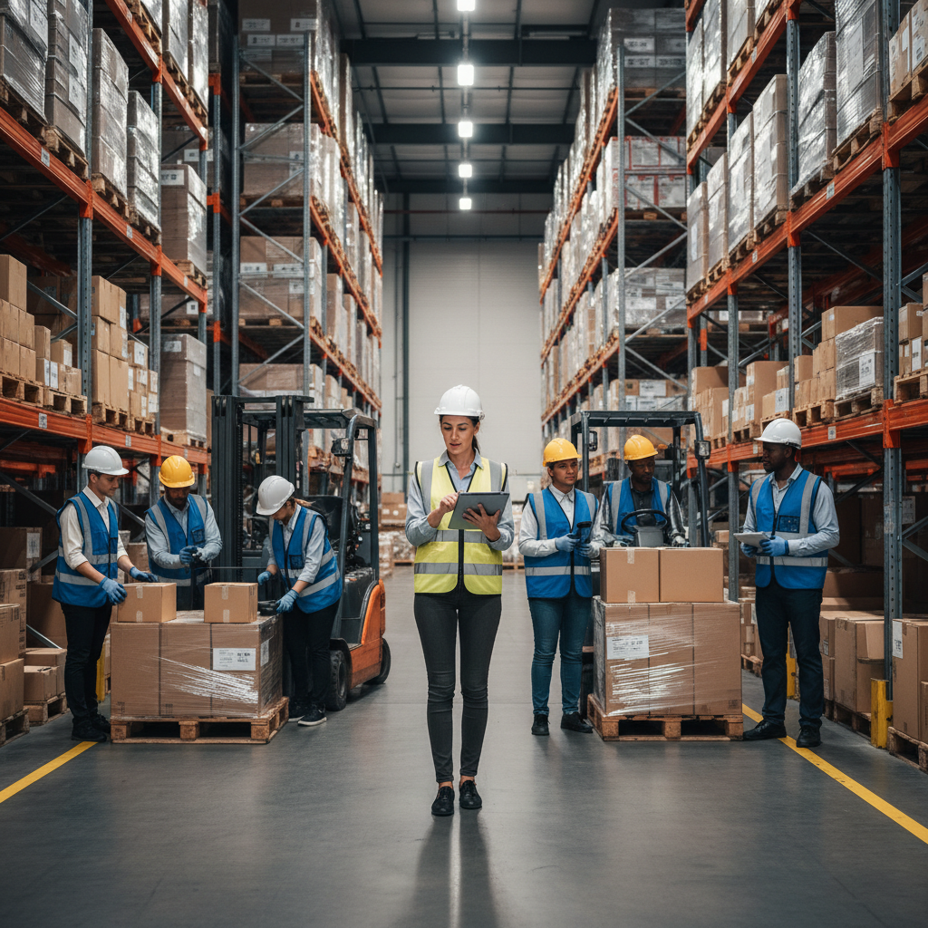 Supervision d'une équipe intérimaire dans un entrepôt moderne.