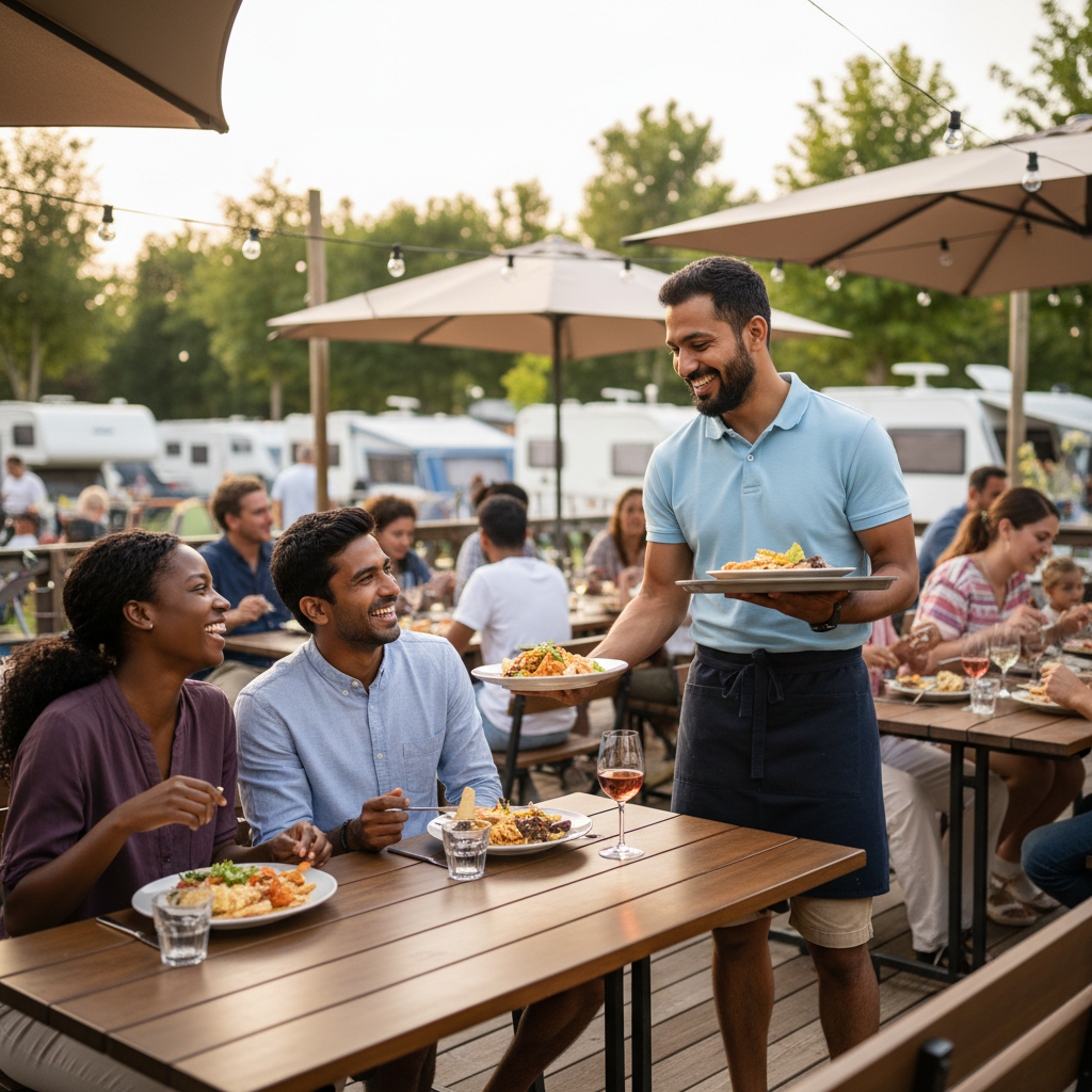 Serveur saisonnier souriant sur la terrasse.