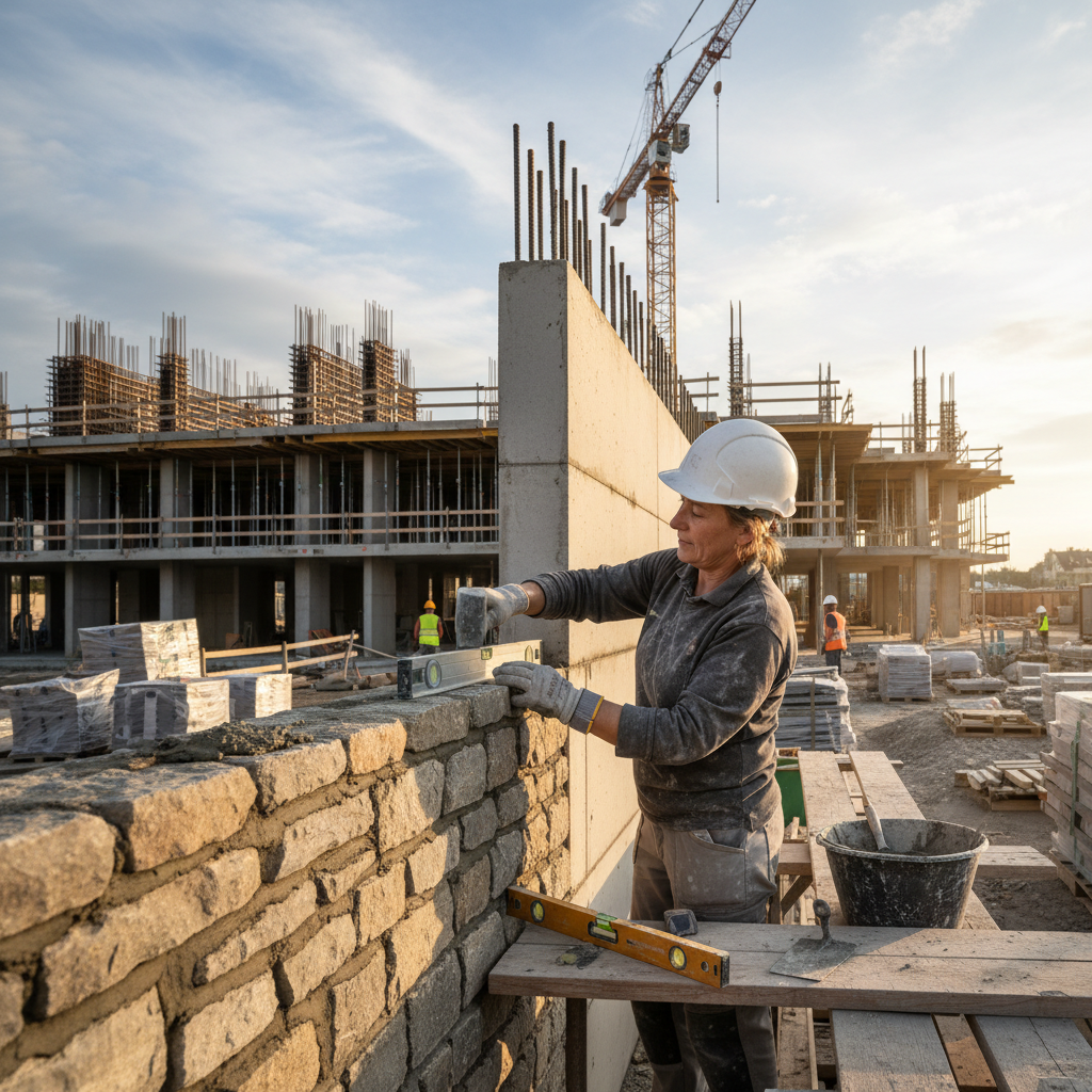 Détail d'un maçon qualifié travaillant avec précision sur un chantier moderne.