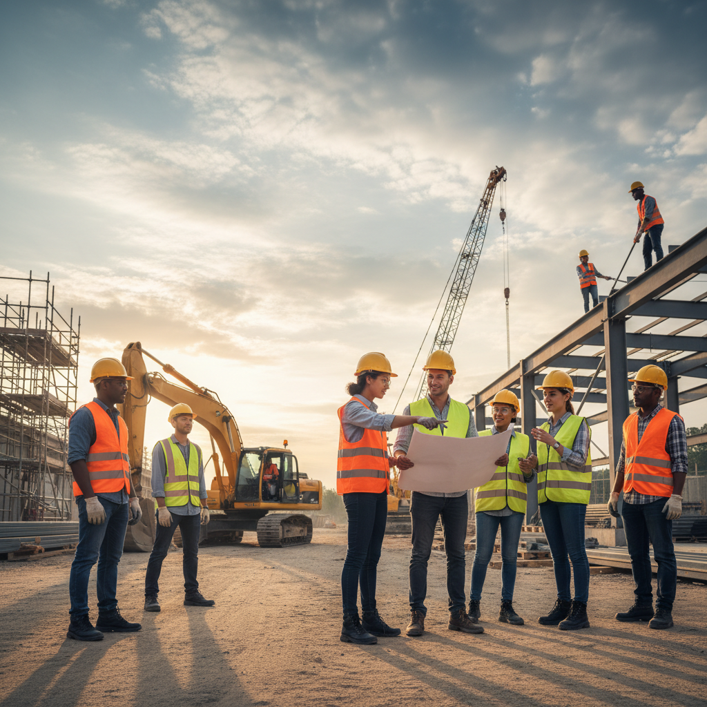 Équipe internationale de travailleurs collaborant sur un site industriel en France.