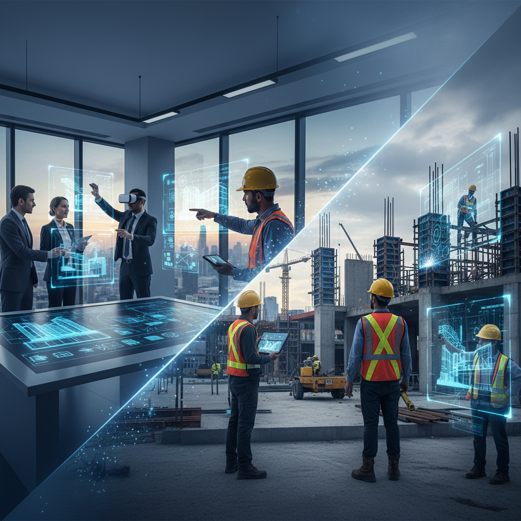 Chevauchement d'un bureau d'architecte et d'un chantier, illustrant l'intégration numérique.