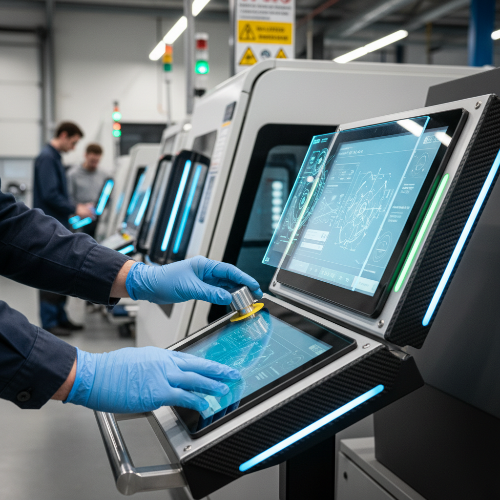Mains d'un ouvrier opérant une machine industrielle de haute technologie.