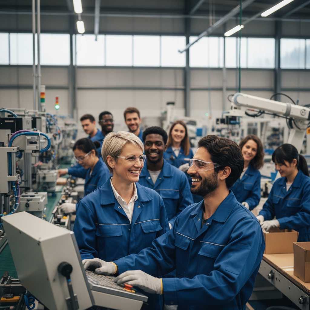 Équipe diversifiée dans une usine française : intégration réussie.