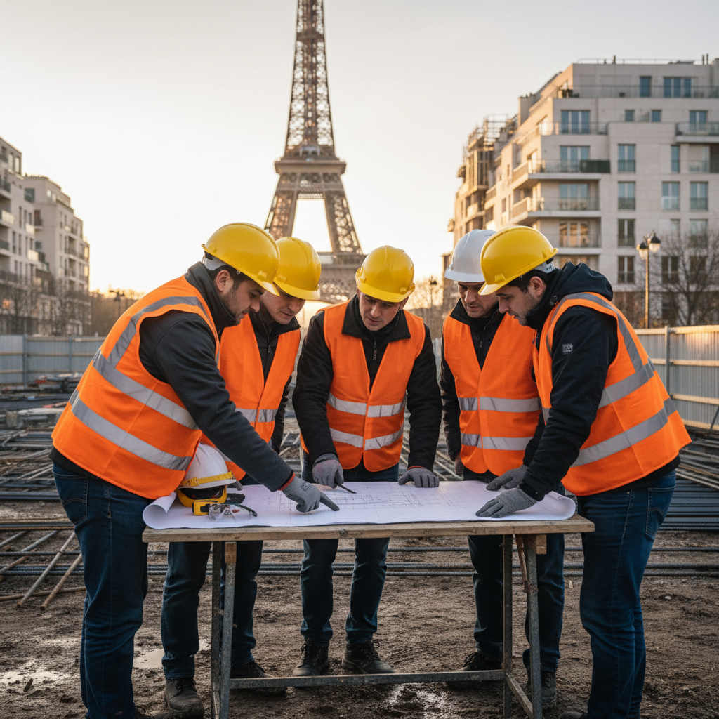 Coffreurs roumains examinant les plans sur un chantier en France.