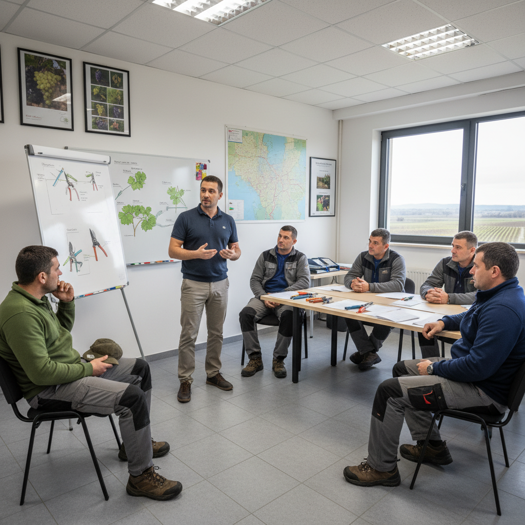 Consultant en intérim expliquant la taille aux travailleurs roumains.