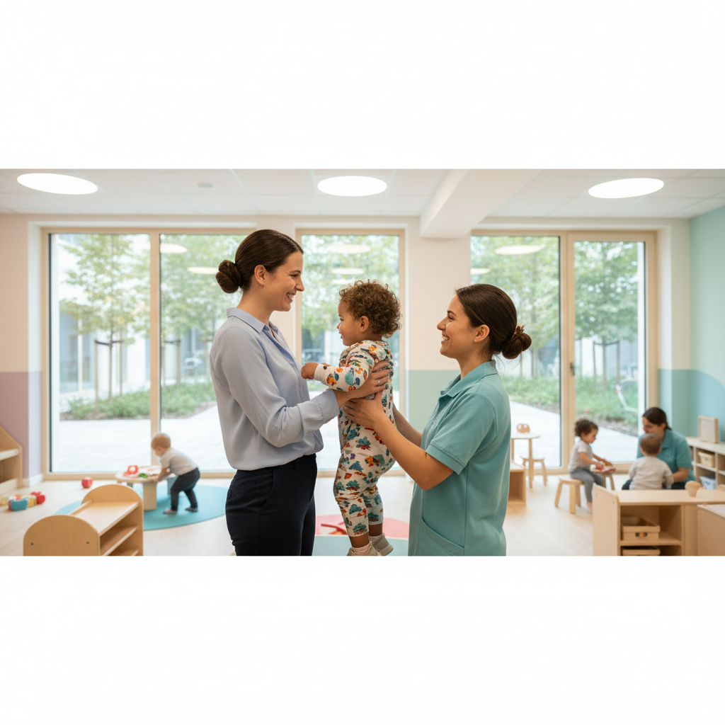 Mère déposant son enfant en crèche, sereine grâce aux aides FASTT.