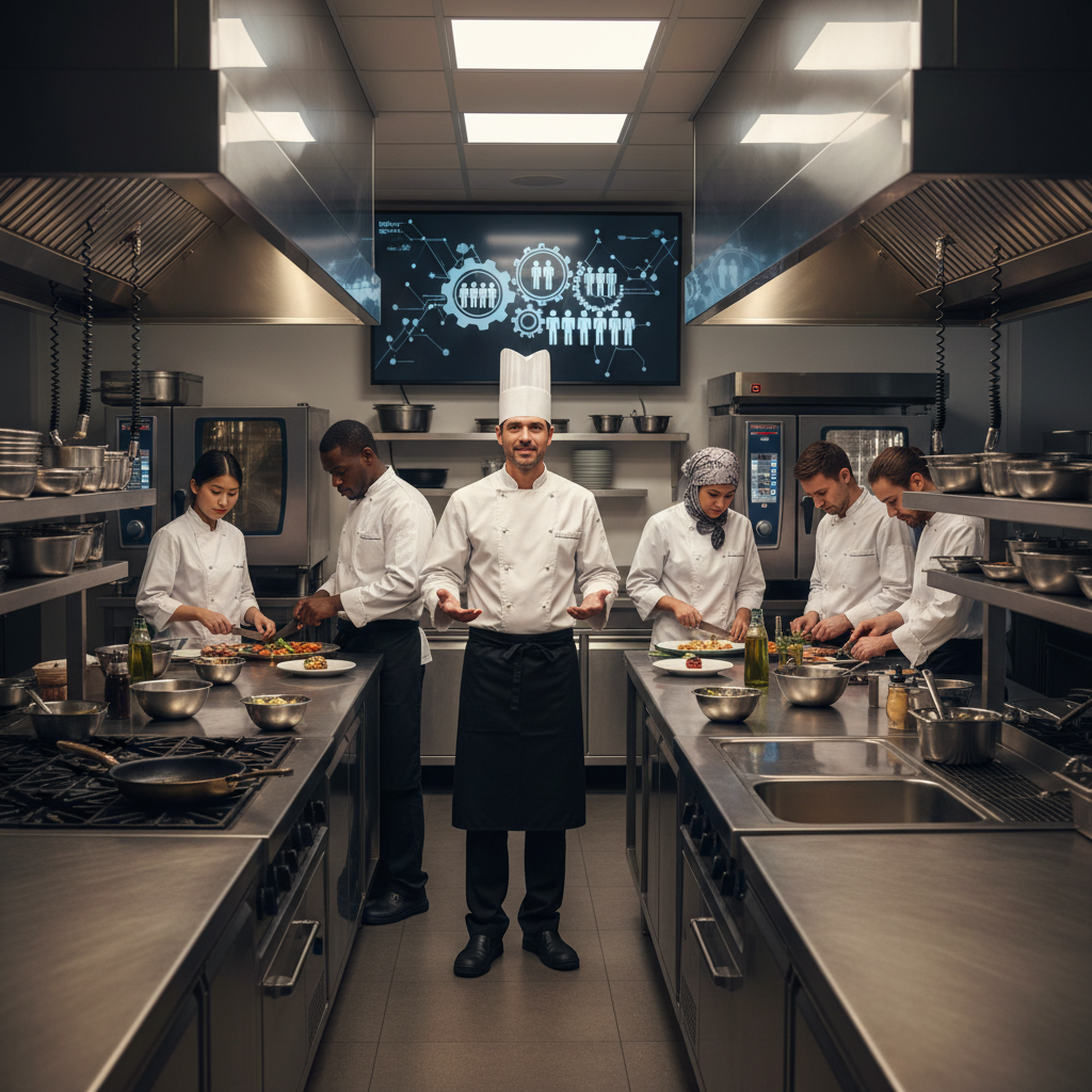 Chef dirigeant une brigade internationale en cuisine professionnelle.