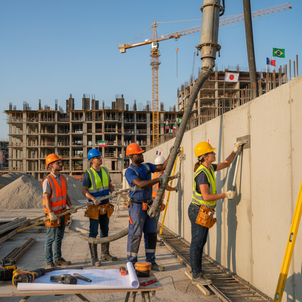 Équipe internationale construisant un mur sur un chantier.
