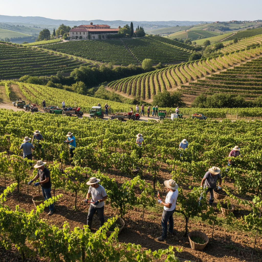 Vue panoramique de vignobles où des équipes s'activent.