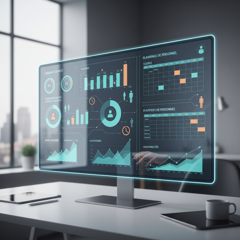 Tableau de bord numérique montrant les plannings et recrutements.