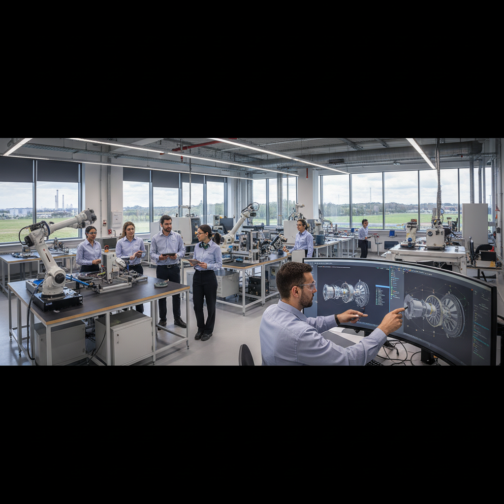 Équipe diversifiée, incluant un ingénieur roumain, dans un labo R&D français.
